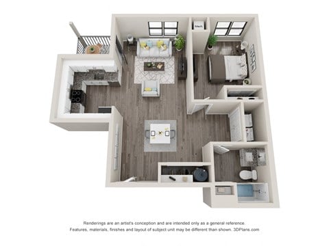 Floor plan for 1 bed, 1 bath, 745 sqft